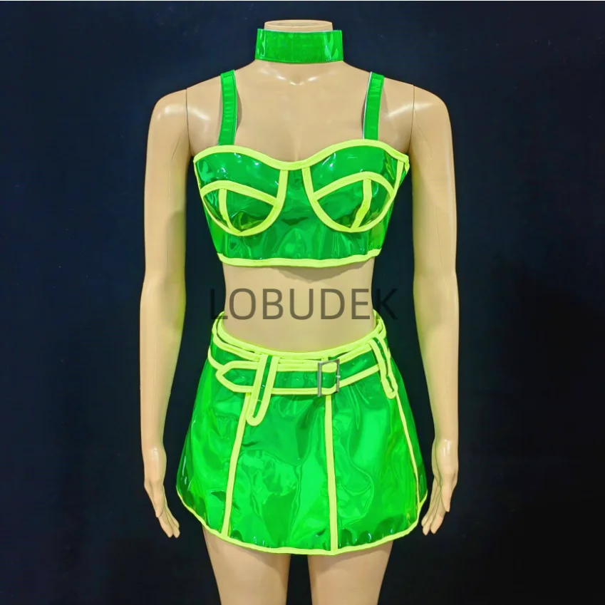 

Sexy Leather Bar Gogo Dance Costume Fluorescent Laser Tops Skirt Braid Wig Stage Rave Outfit Festival Party Show Performance