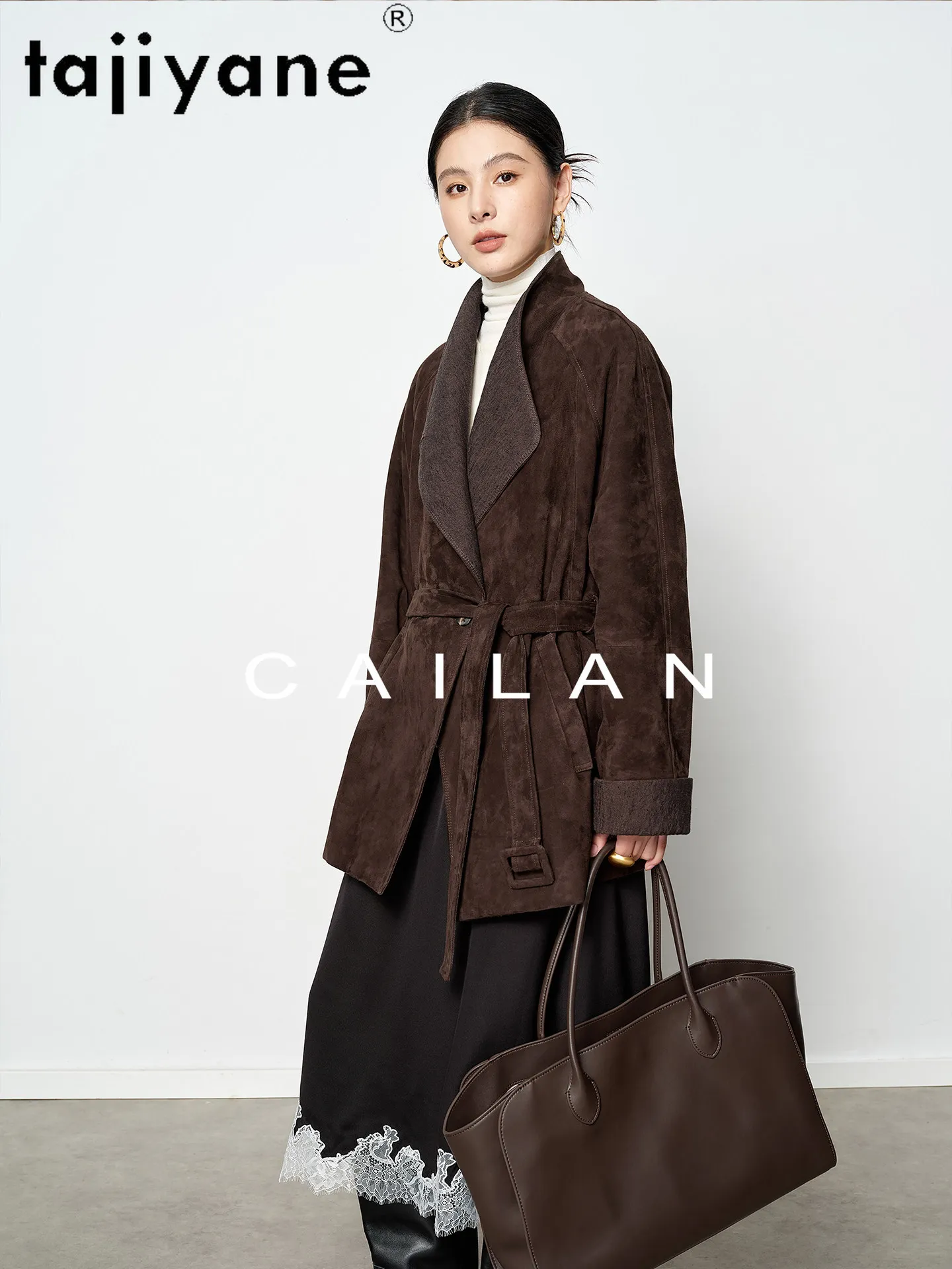 TAJIYANE Cappotto in Pelle Scamosciata di Capra da Donna, Giacca in Vera Pelle con Scollo a V e Cintura, Lunghezza Media, Abbigliamento Autunnale 2026