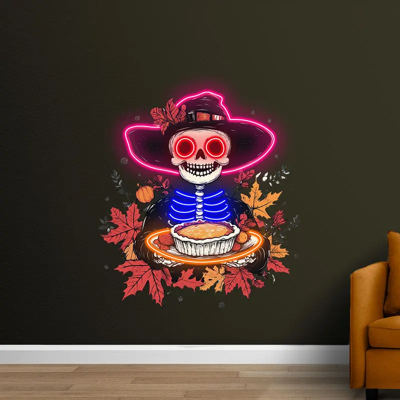 Neon Skeleton with Pie Thanksgiving Decor, Playful Skeleton Holding Pie, Unique Holiday Art Neon for Seasonal & Halloween Decor