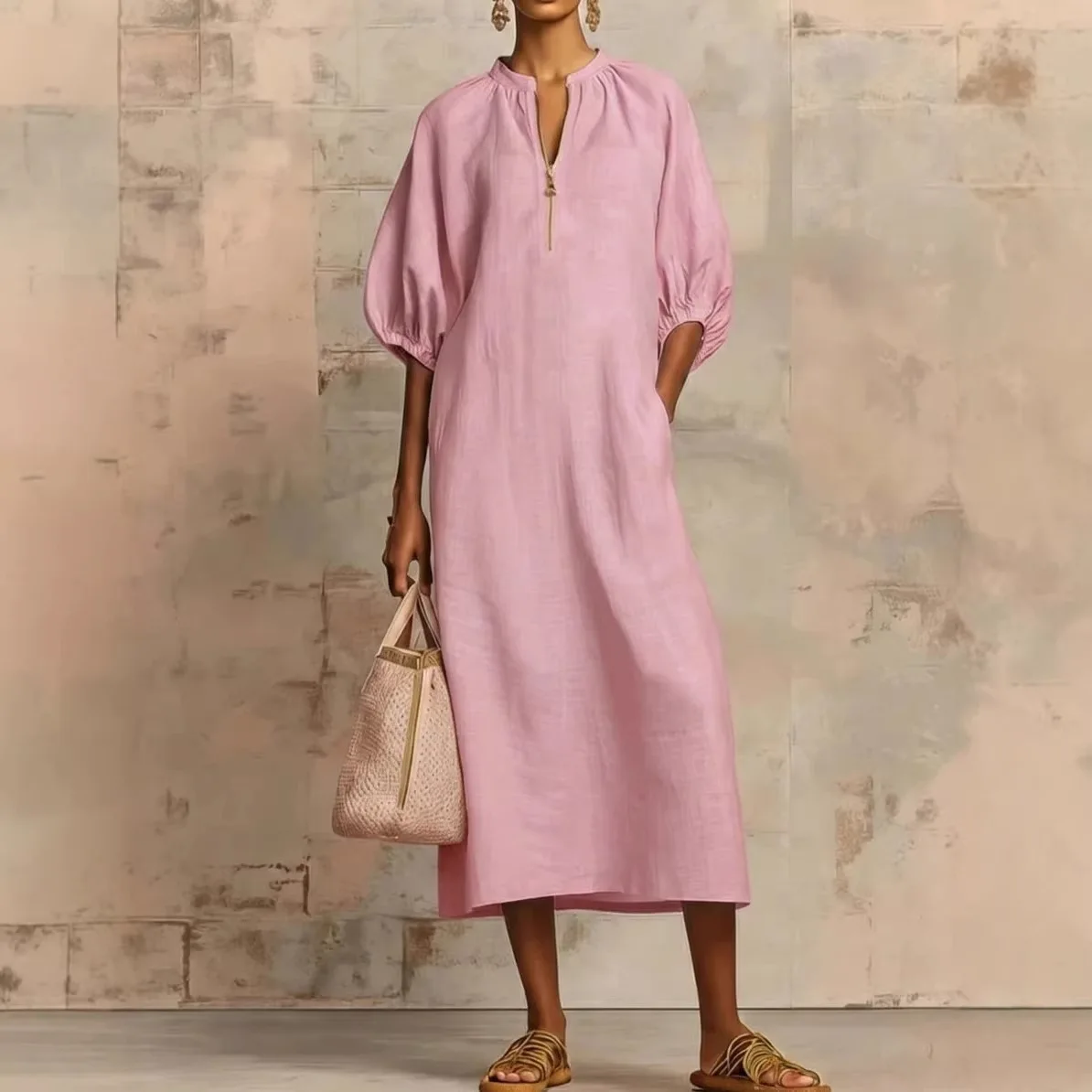

2026 new women's solid color cotton linen loose casual bubble sleeve dress for women