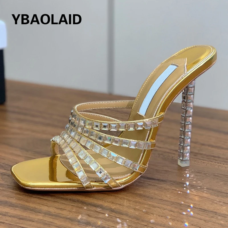 

Glitter Rhinestone Thin High Heel Women Slippers Fashion Square Toe Mirror Leather Strippers Banquet Sandals Slides Shoe Females