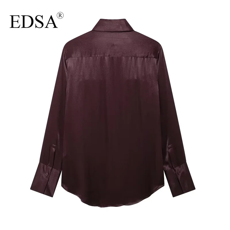 EDSA Women Satin Shirt with Double Flap Pockets Long Sleeves Rounded Asymmetric Hem Blouse Single Breasted Concealed Button-up