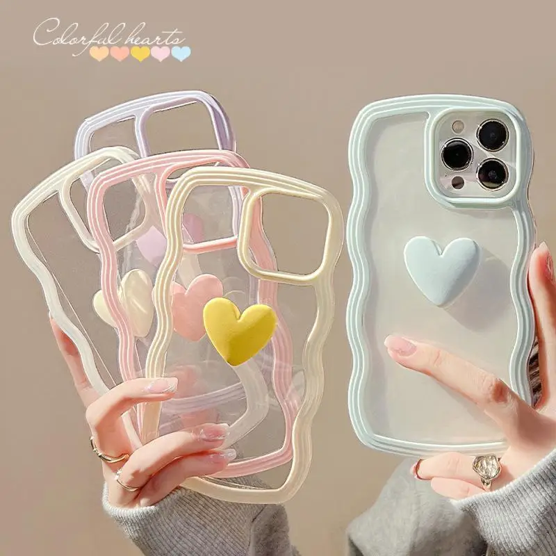 Cute 3D Love Heart Silicone Phone Case For iPhone 15 11 12 13 14 Pro Max XR X XS 7 8 Plus SE 2020 Shockproof Wavy Lines Cover