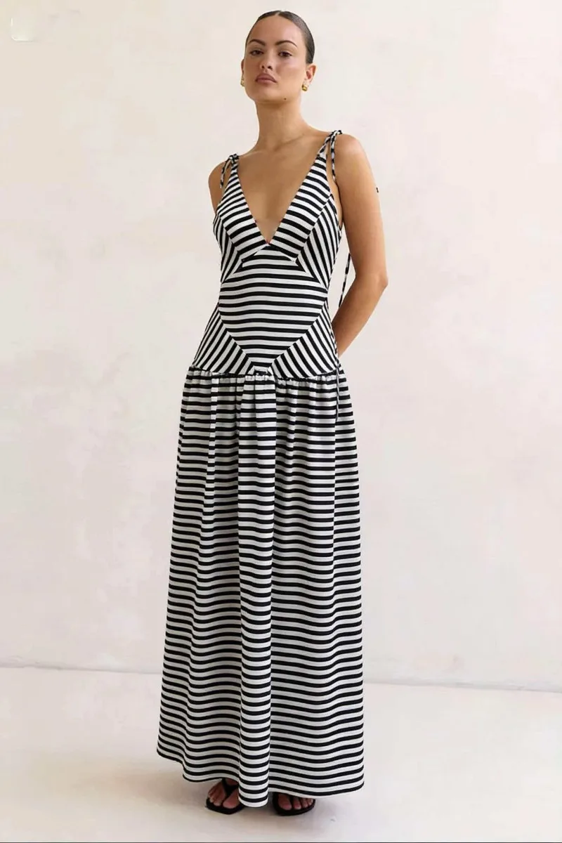 Elegantes Damen-Maxikleid mit Streifenmuster, Y2K-Stil, V-Ausschnitt, Bindeband, hoher Taille, fließendes Kleid, lässiges Sommer-Strandkleid für den Urlaub – Detail 2