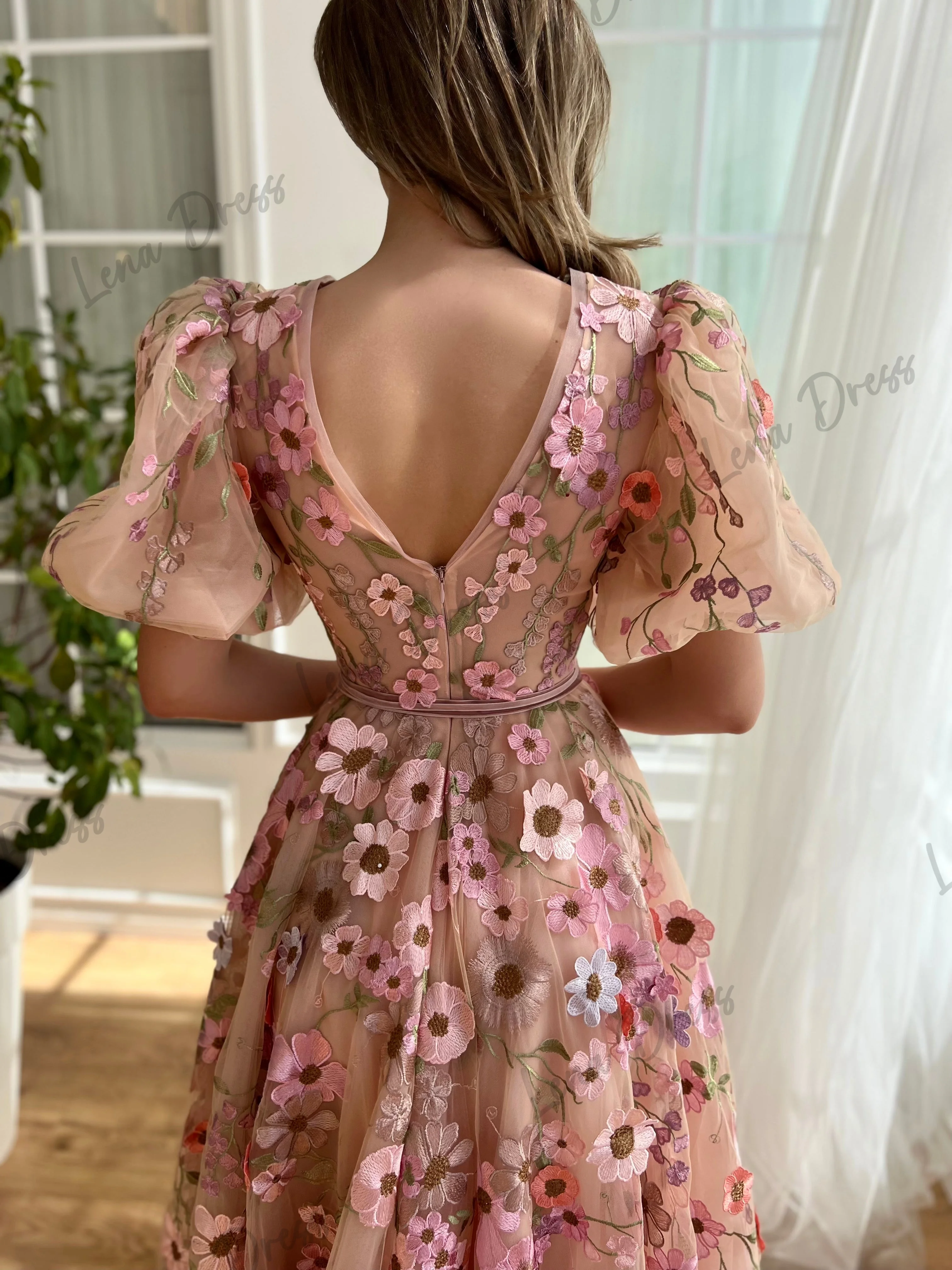 Lena-Flower printed sheer evening dress 2024 short sleeved V-neck formal party dress