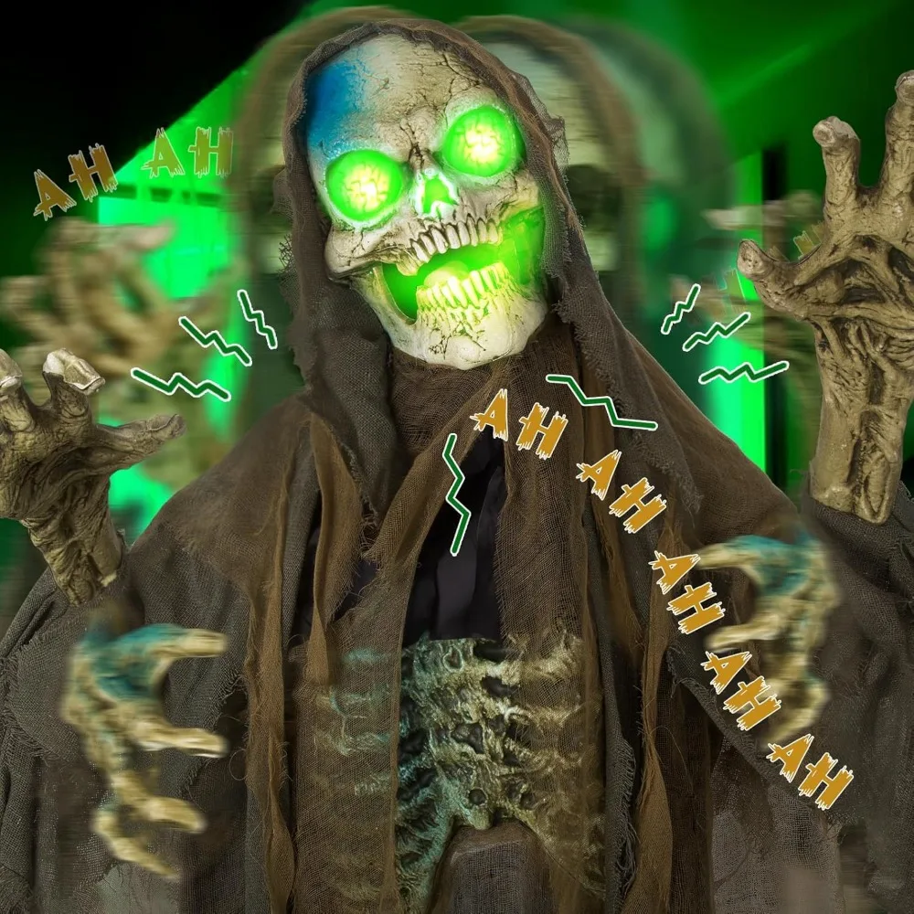 Life-Size 72 Standing Skeleton Animatronic with Sound, Touch-Activated Light-Up Eyes, and Motion for Halloween Decorations