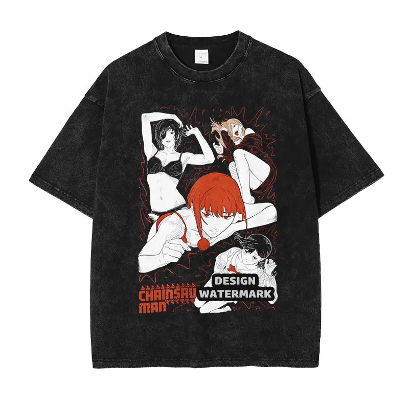 

Chainsaw Man Denji Pochita Washed T Shirt Retro Graphic Tee Harajuku Casual Cotton Short Sleeve Tees Top