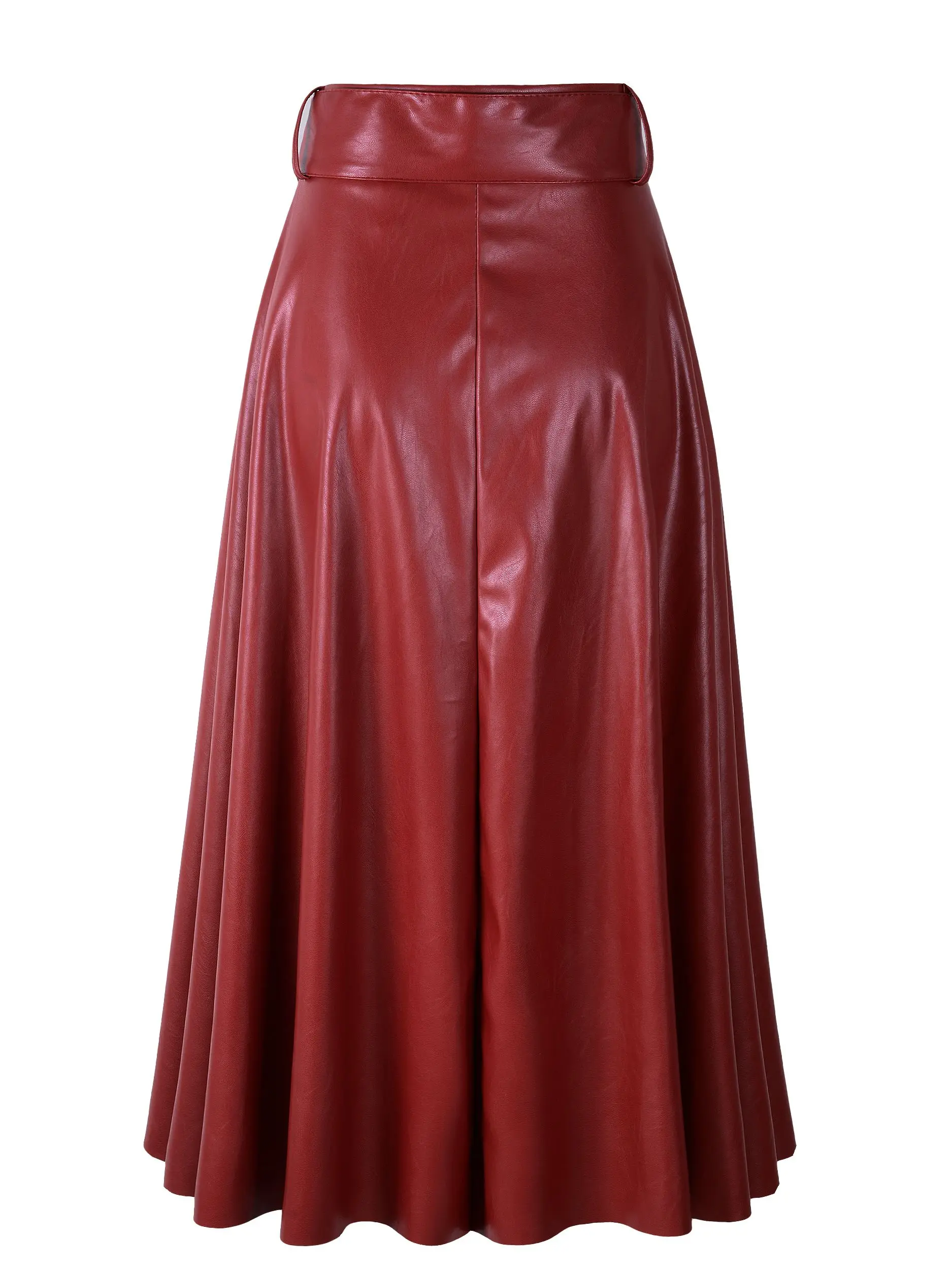 2023 New Fashion Women Autumn Winter PU Faux Leather Skirts Lady High Waist A-Line Midi Mid-Calf Maxi Long Black Wine Red Belt