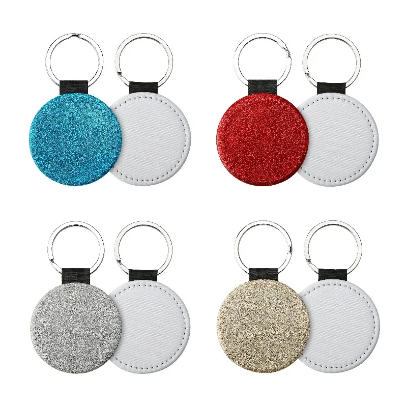 1pcs Sequins PU Leather Pendant Keychain Sublimation Keychains Single Sided Heat Transfer Keyring for DIY Gifts