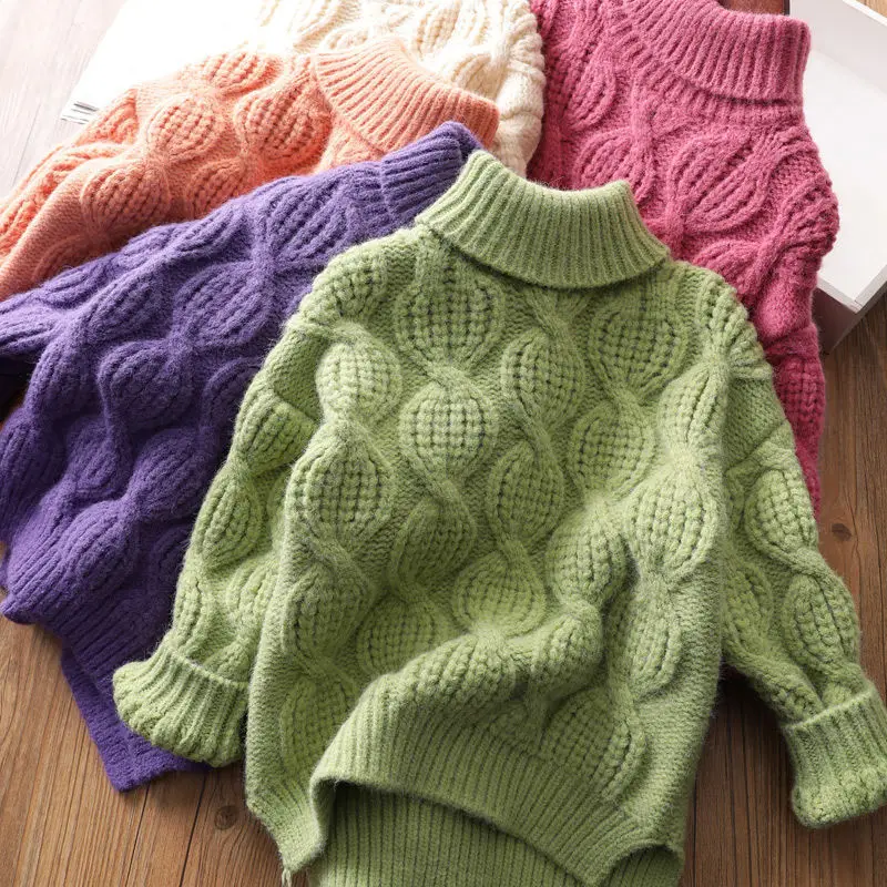 Baby Girl Winter High-Collar Sweater Thickened Lined Warm Lantern-Shaped Fashionable Clothes for Autumn And Winter 2-12 Years