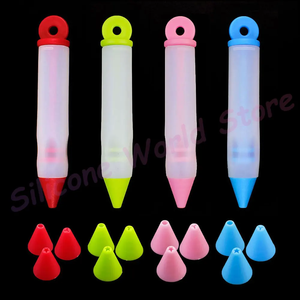 Silicone World Silicone Mounted Pen with 4 Heads Set Cream Pen Chocolate Biscuit Dessert Decoration Writing Pen Baking Tools