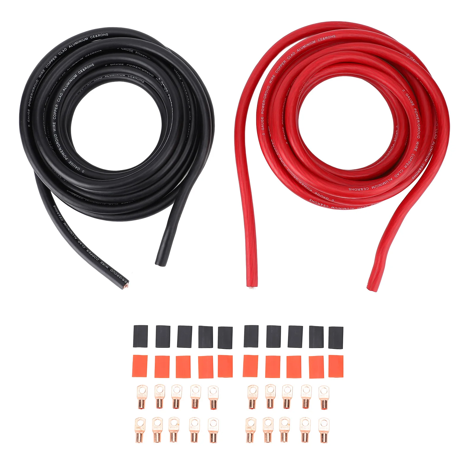 2 pièces, fil de calibre 1/0, 20 pieds, fil rouge et noir pour automobile, câble d’alimentation et de mise à la terre, fil de cuivre flexible avec extrémité à sertir et gaine thermorétractable.