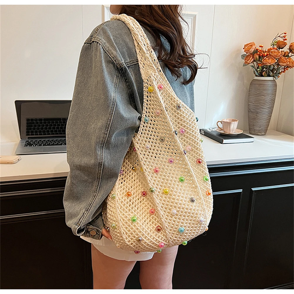 Summer Knitted Women Tote Bag bolsos Handmade Hollow Out Colour Pearl Shopper Bag  Large Capacity Portable Single Shoulder Bags