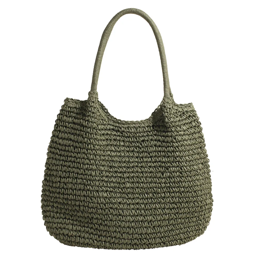 Women Straw Tote Handbag Large Capacity Retro Straw Handbag Solid Color Simple Weaving Handbag Ladies Summer Daily Bag