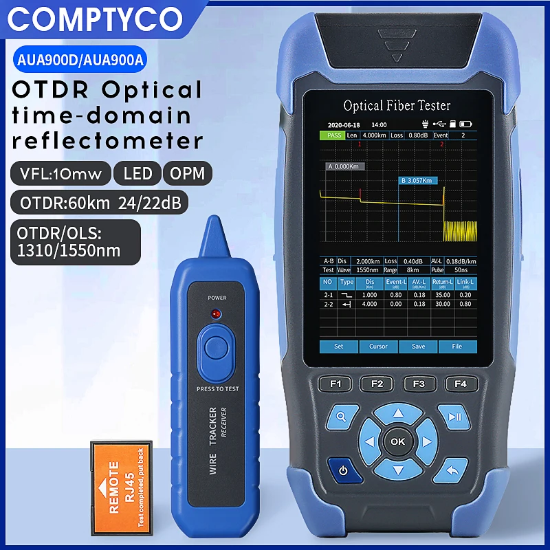 Pro mini OTDR reflektometr światłowodowy AUA900D z 9 funkcjami VFL OLS OPM mapa zdarzeń 24dB dla 64km kabla światłowodowego Tester Ethernet