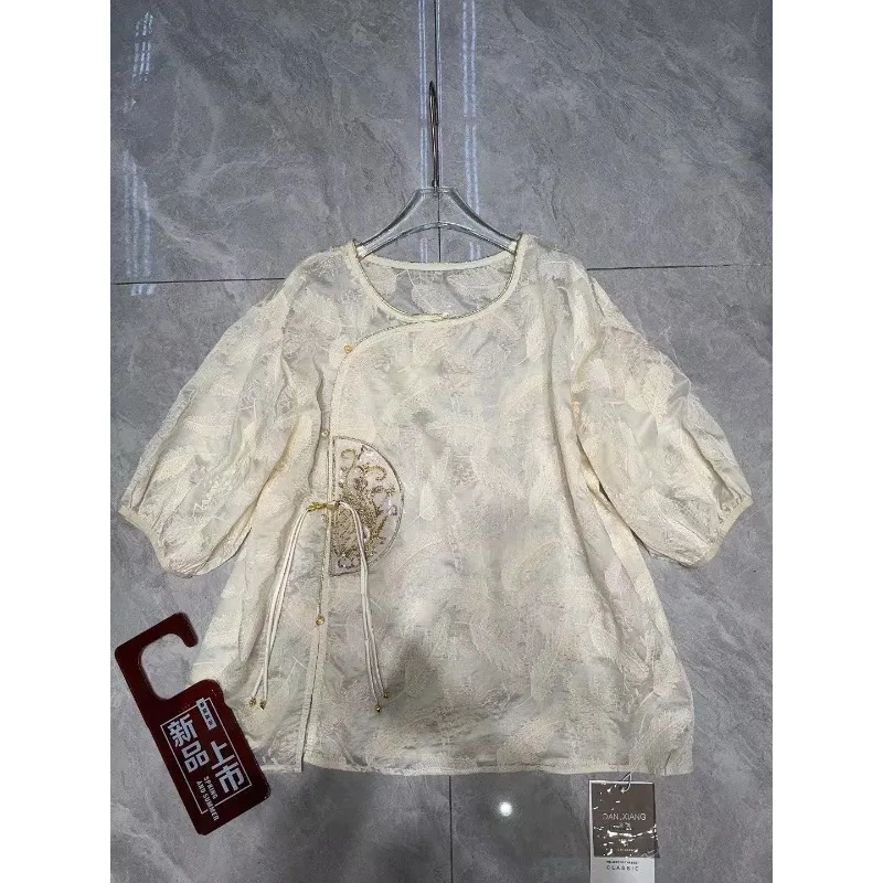 

New Chinese-style Heavy Industry Beaded Embroidered Shirt for Women's Summer Wear New Loose Shirt with Puffed Sleeves Fashion