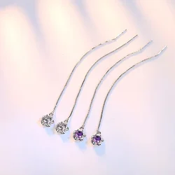 Long Chain Tassel Drop Earrings Purple Zircon Stone Flower Pendant Elegant Dangle Earring Piercing Line Jewelry Accessories Gift