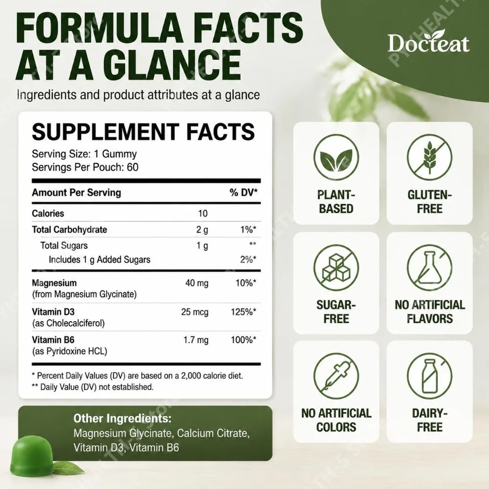 Docteat Magnesium Gummies To Promote Relaxation and Help Reduce Stress, Supports Bone Health and Energy Boost, 60 Gummies