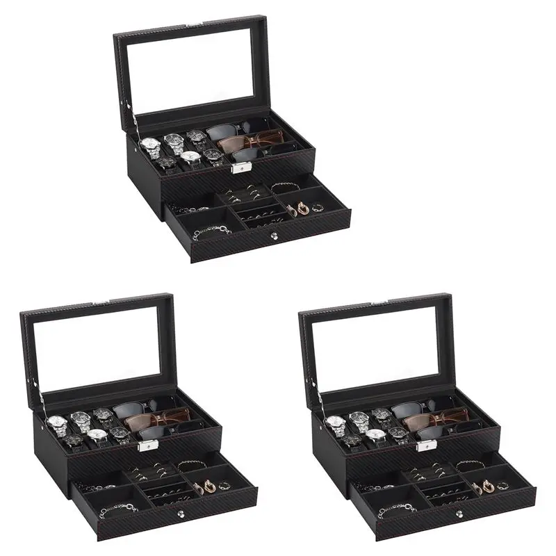 

A95D-3X Коробка для часов, мужская шкатулка для драгоценностей с 6-слотовым футляром для часов и 3-слотовым органайзером для солнцезащитных очков, 2-слойный запираемый держатель для часов
