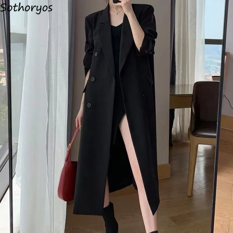 

Trench Women Korean Fashion X-long Black Coat Spring High Street Double Breasted Outwear Temper Elegant Female Windbreaker Ins