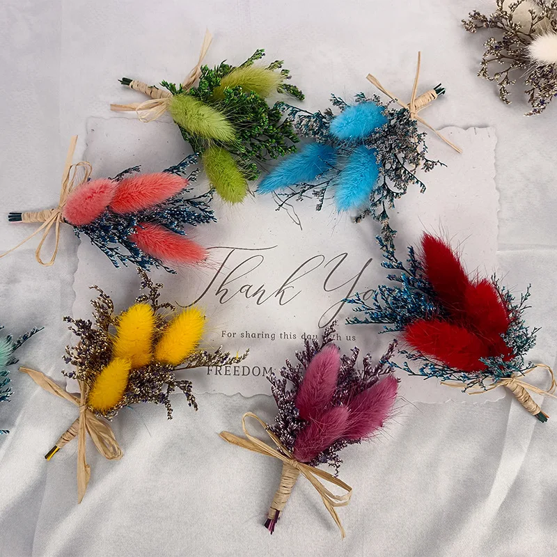 

Nature Dried Flower Wedding Men Groom Corsages Boutonnieres Pampa Grass Vintage Brooch Party Bridal Prom Decoration Accessories