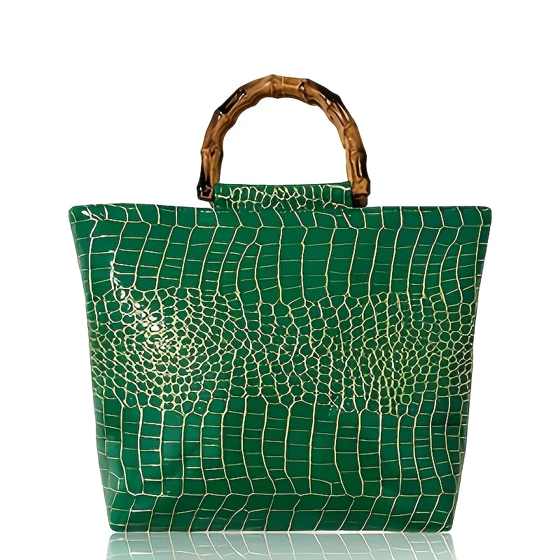 High-end faux leather emerald green crocodile pattern tote bag for women, glossy embossed faux bamboo handle handbag view 6