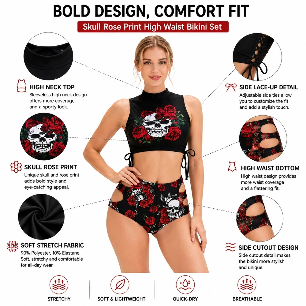 Women Black Skull Rose Bikini Set High Neck Lace Up Top High Waist Cutout Bottom Two Piece Swimsuit Beach Pool Vacation Wear - view 4