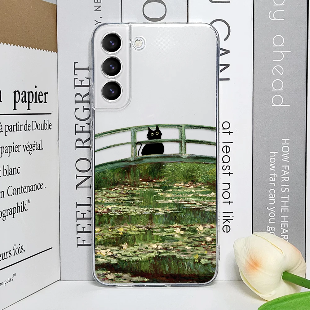 Retro Oil Painting Van-Gogh Cat Phone Case for Samsung Galaxy S25 S24 S23 S22 S21 Ultra Plus FE 5G Transparent Soft Cover Fundas