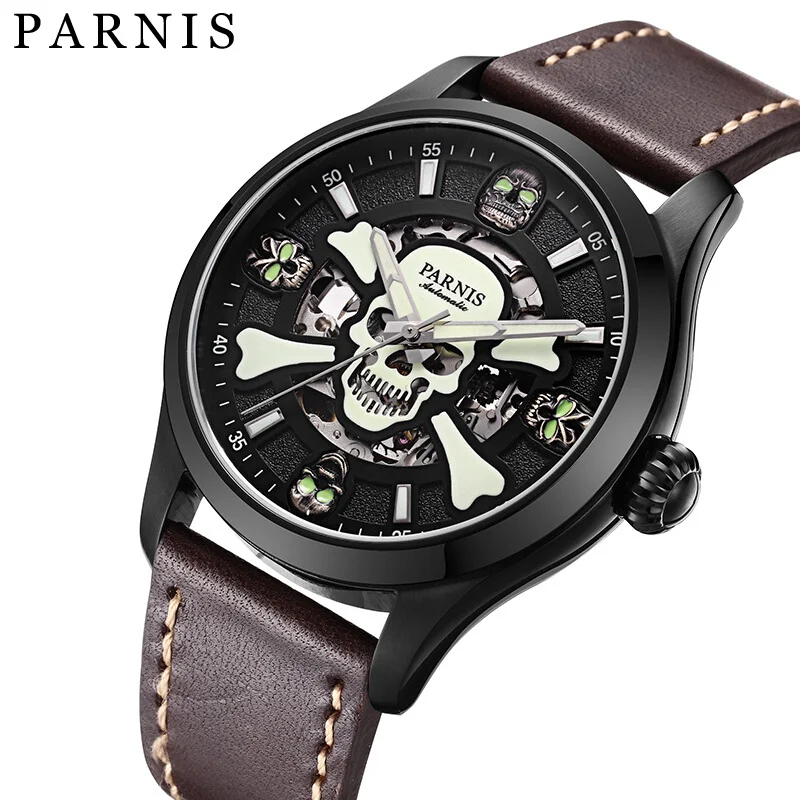 Neue parnis 42mm vintage zifferblatt mechanische männer leuchtende automatische uhr leder armband saphirglas uhr für männer reloj hombre