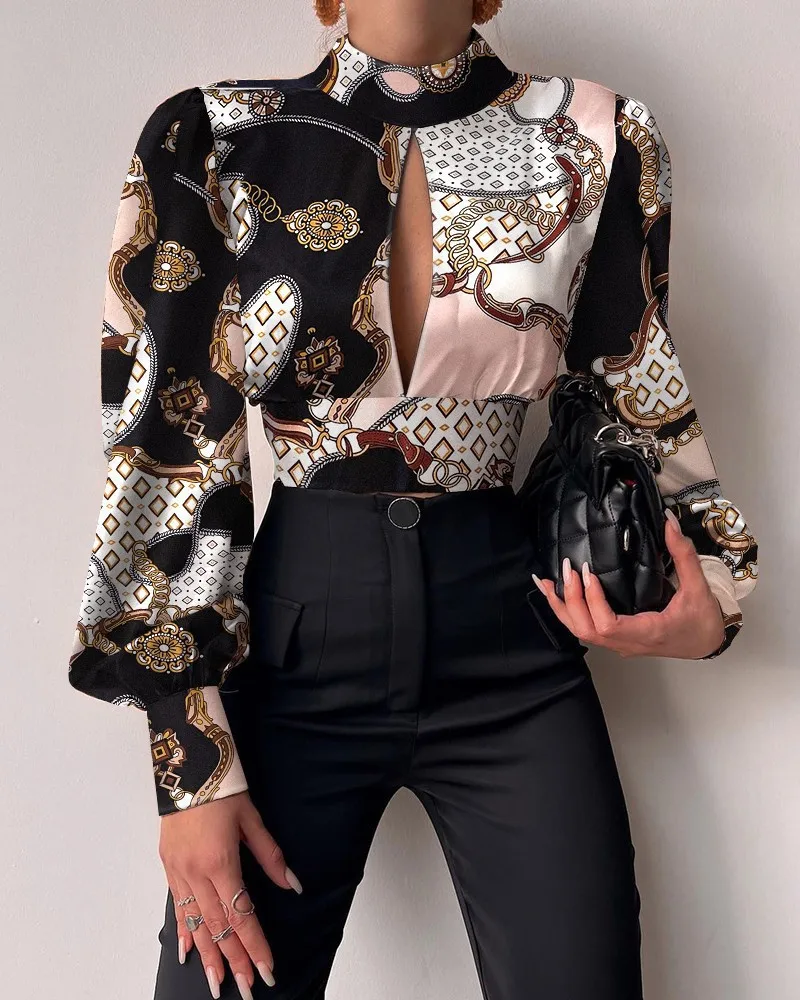 Women Sexy Backless Hollow Print Shirts Trend Party Crop Top Lady Spring Casual Stand Long Sleeve Office Lady Blouses And Top