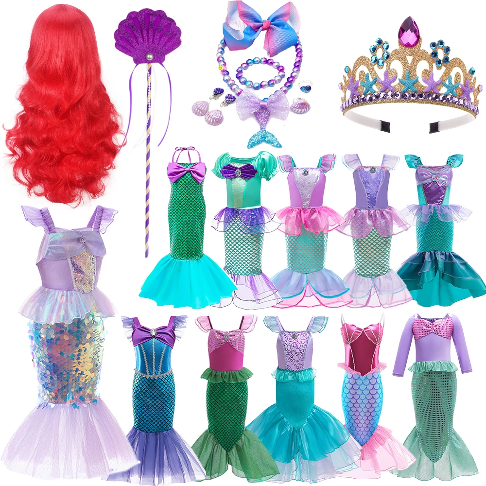 

2023 Girls Princess Ariel Dress Up Child Little Mermaid Cosplay Costume Floor Length Sequins Dresses Boutique Red Curly Long Wig