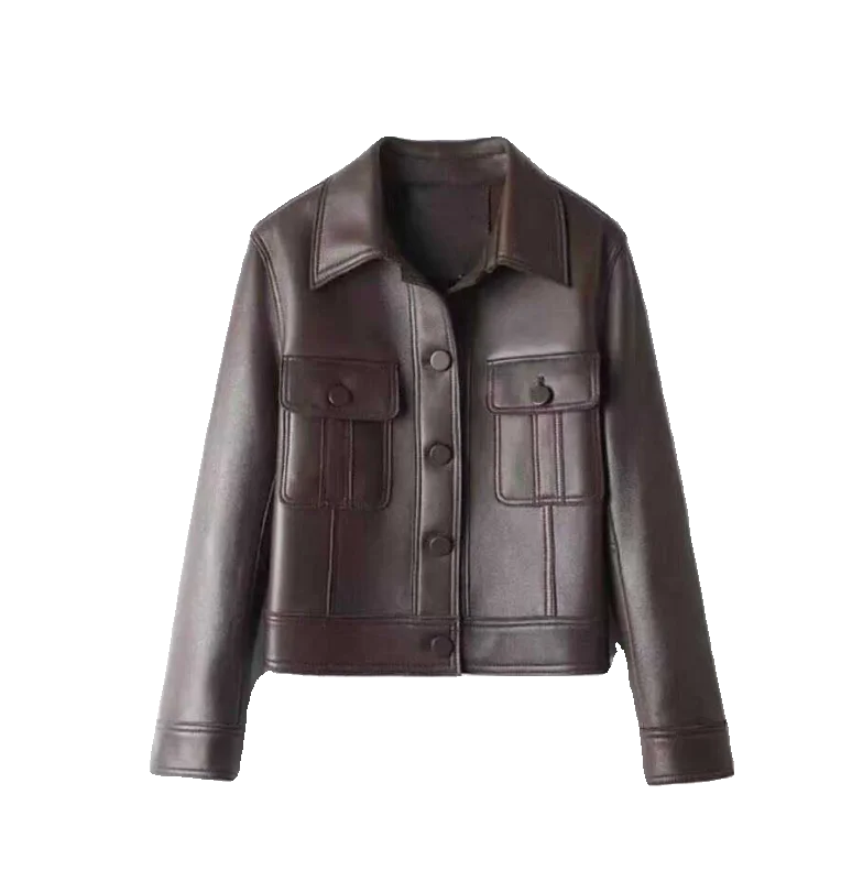   เสื้อแจ็คเก็ตหนังแฟชั่นสำหรับผู้หญิง แขนยาว สไตล์ลำลอง ทรงเข้ารูป ใส่ได้ทั้งฤดูใบไม้ผลิและฤดูใบไม้ร่วง ทรงหลวม