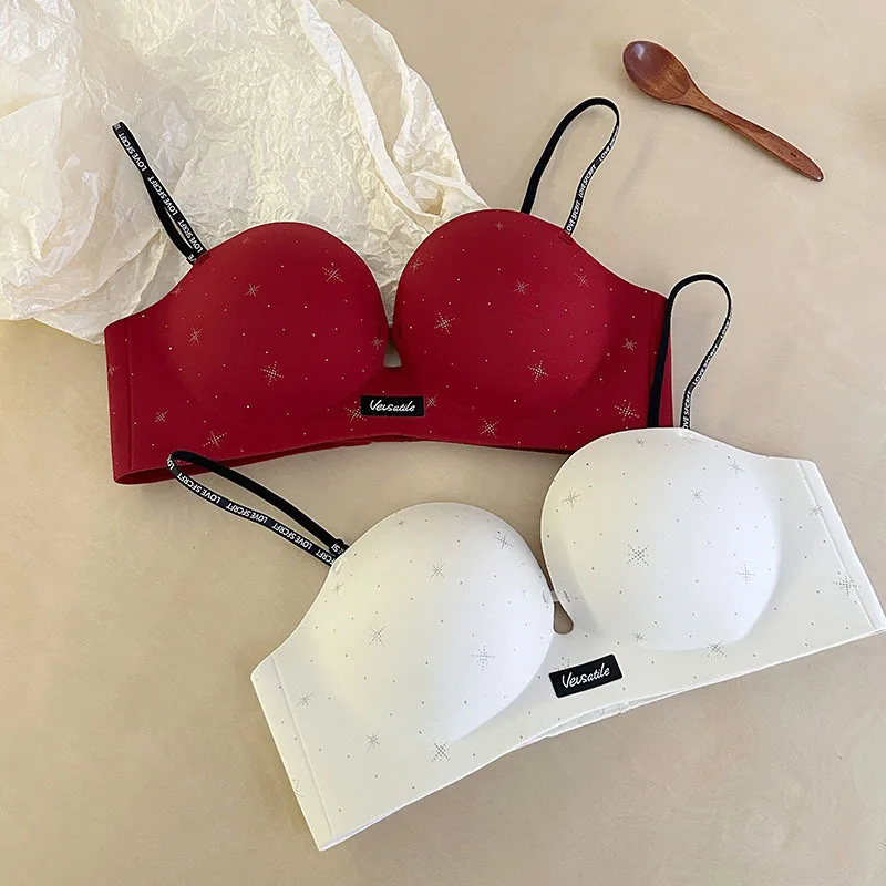 KUCLUT Letter Strap Bra No Empty Cup Apparent Gathering Small Chest Makes Big Red Underwear Breathable Comfortable Nylon