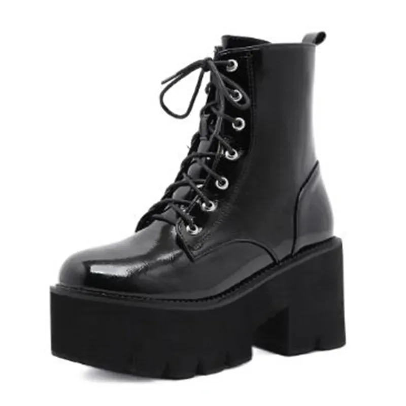 Fashion Chunky Motorcycle Boots for Women Autumn Winter Goth Boots Fashion Round Toe Lace-up Combat Boot Ladies High heels Shoes - view 2
