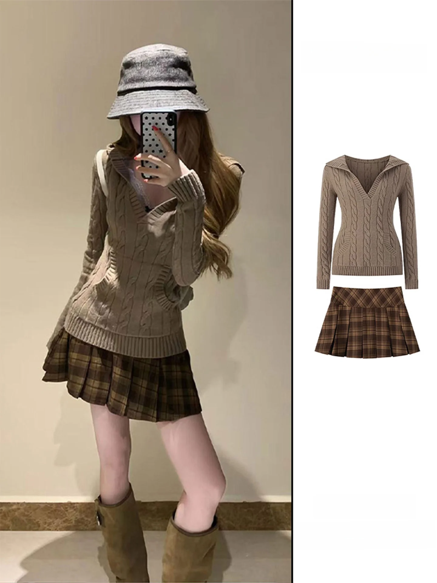 

Женский коричневый вязаный свитер с V-образным вырезом и шапкой, комплект из двух предметов: осенне-зимняя юбка с высокой талией и цветочным принтом, повседневный модный образ с длинными рукавами