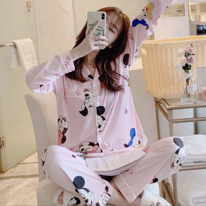 Disney pajamas cartoon cotton two-piece set silk pajamas women's Mickey Mouse loungewear Disney Mickey Mouse women's pajamas