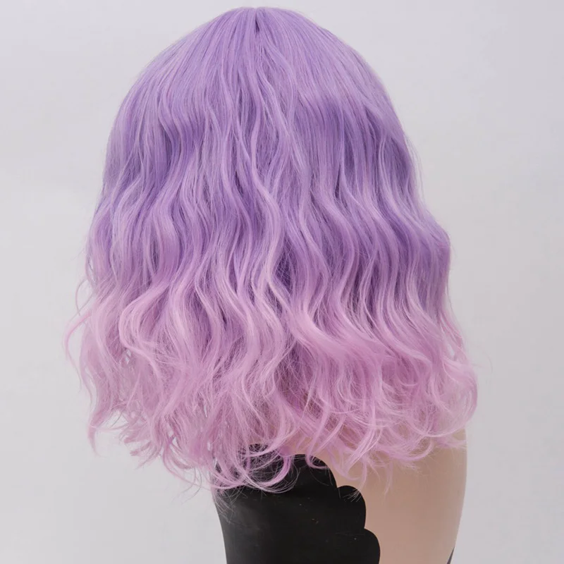 MSIWIGS Due Toni Brevi Cosplay Parrucche per Le Donne di Colore Rosa Bianco Ondulato Ombre Parrucca con la Frangetta Ombre Viola Capelli Sintetici