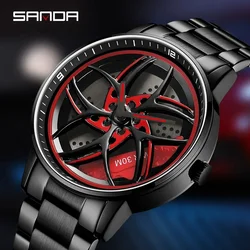 SANDA P1091 2023 Real 3D Model Spinning Car Wheel Hub Watch Luxury Move Waterproof Super Rim Watches For Men Orologio da uomo