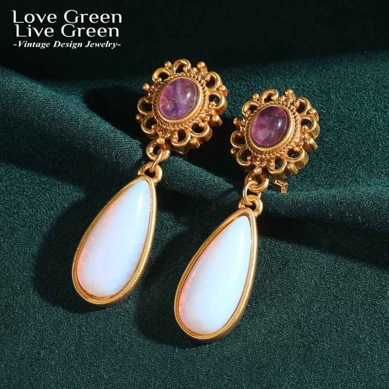 

Vintage Moonstone Pink Drop Earrings Hanging Gold Color Glass Charm Jewelry 2026 New Trends Anniversary Gifts For Woman Luxury