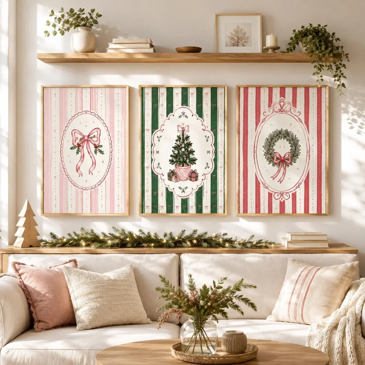 Multiple sizes 3pcs frameless Canvas Painting,Set of 3 Whimsical Christmas Print Classic Holiday Wall Art Holly Jolly Art Tradit