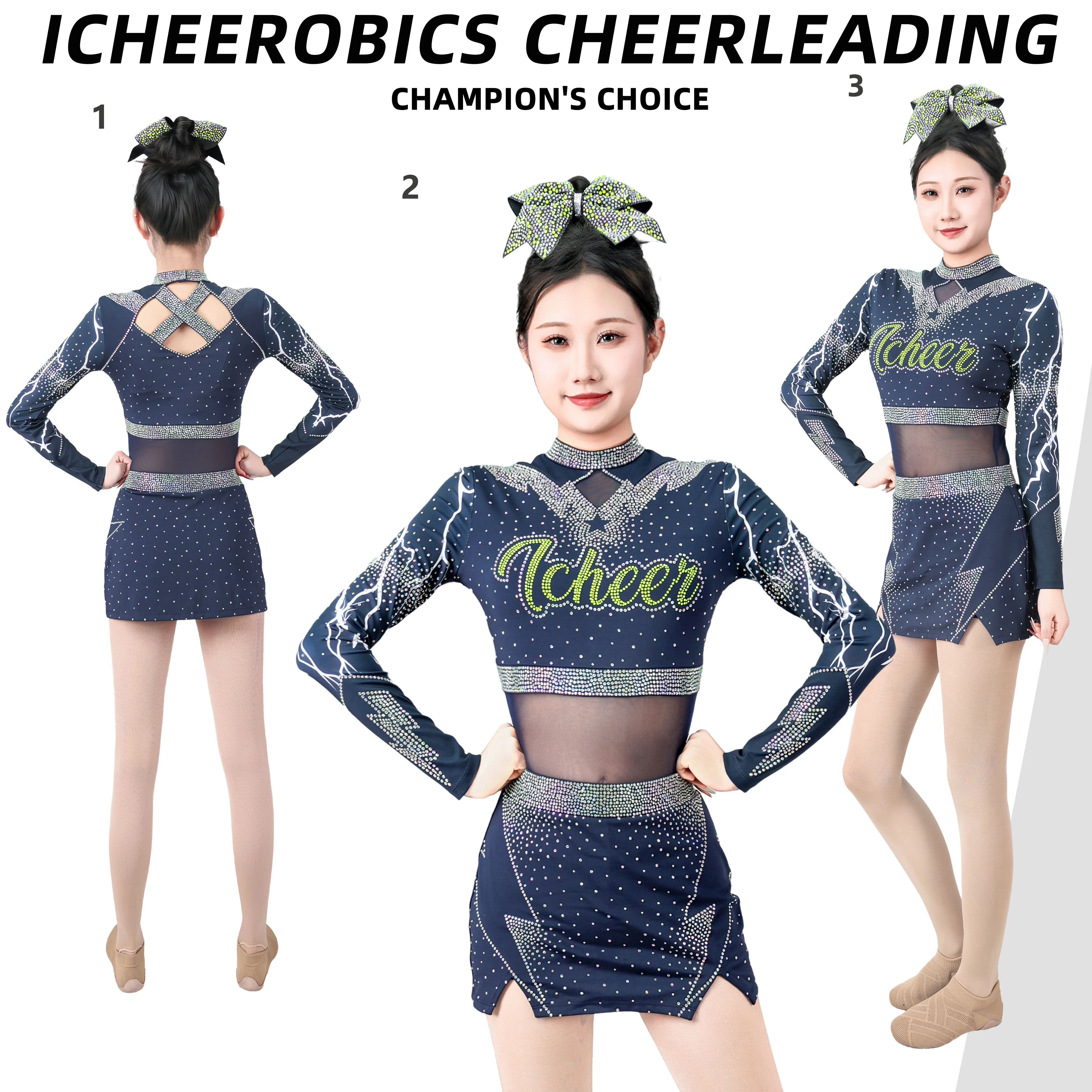 Dziecięce, młodzieżowe, zielono-czarno-niebiesko-błękitne, turkusowe stroje do cheerleadingu All-Star na zawody, z długim rękawem, zestaw.