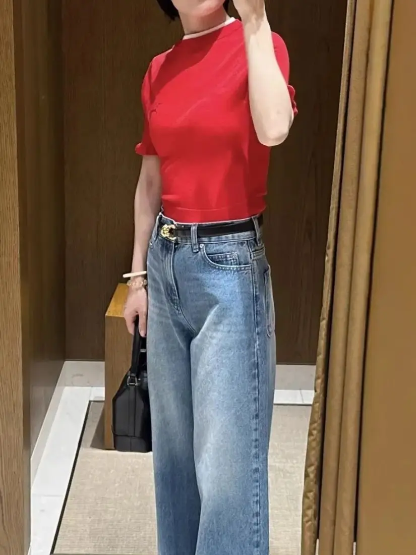 

Beaded Horse Pattern Women Knitted Pullover Round Neck Short Sleeve Casual Female Red Sweater