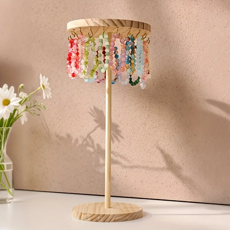 Nordic Style Wooden Jewelry Stand, Rotatable Necklace Storage Display Tray with Hooks for Hair Accessories & Headbands