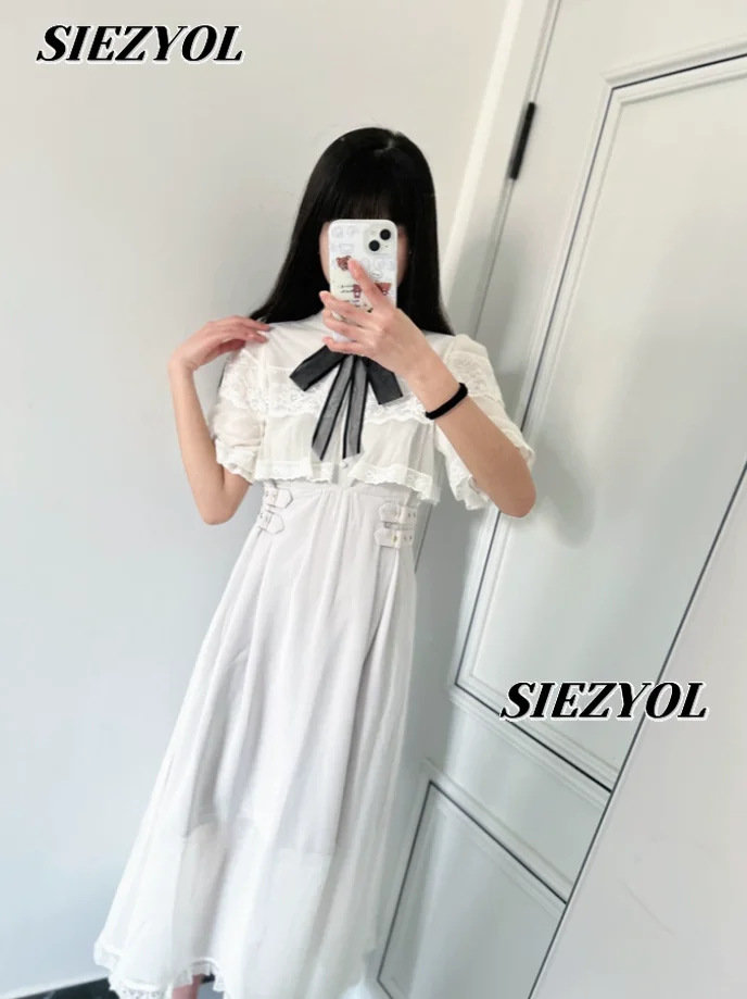 

Oversize Maxi Dress Japanese Style Mass Production Type Sweet Veil Short Sleeve Brooch Double Layer Lace Cloak Long Dresses