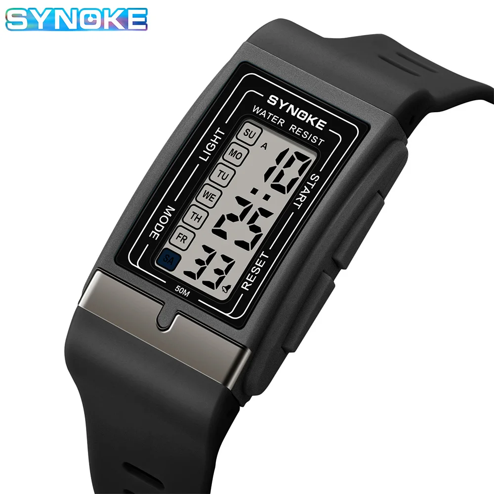 Synoke Men Rectangular Sport Electronic Watch Waterproof 50M Night Light Large Screen Alarm Clock Trend Retro Style Women Watch