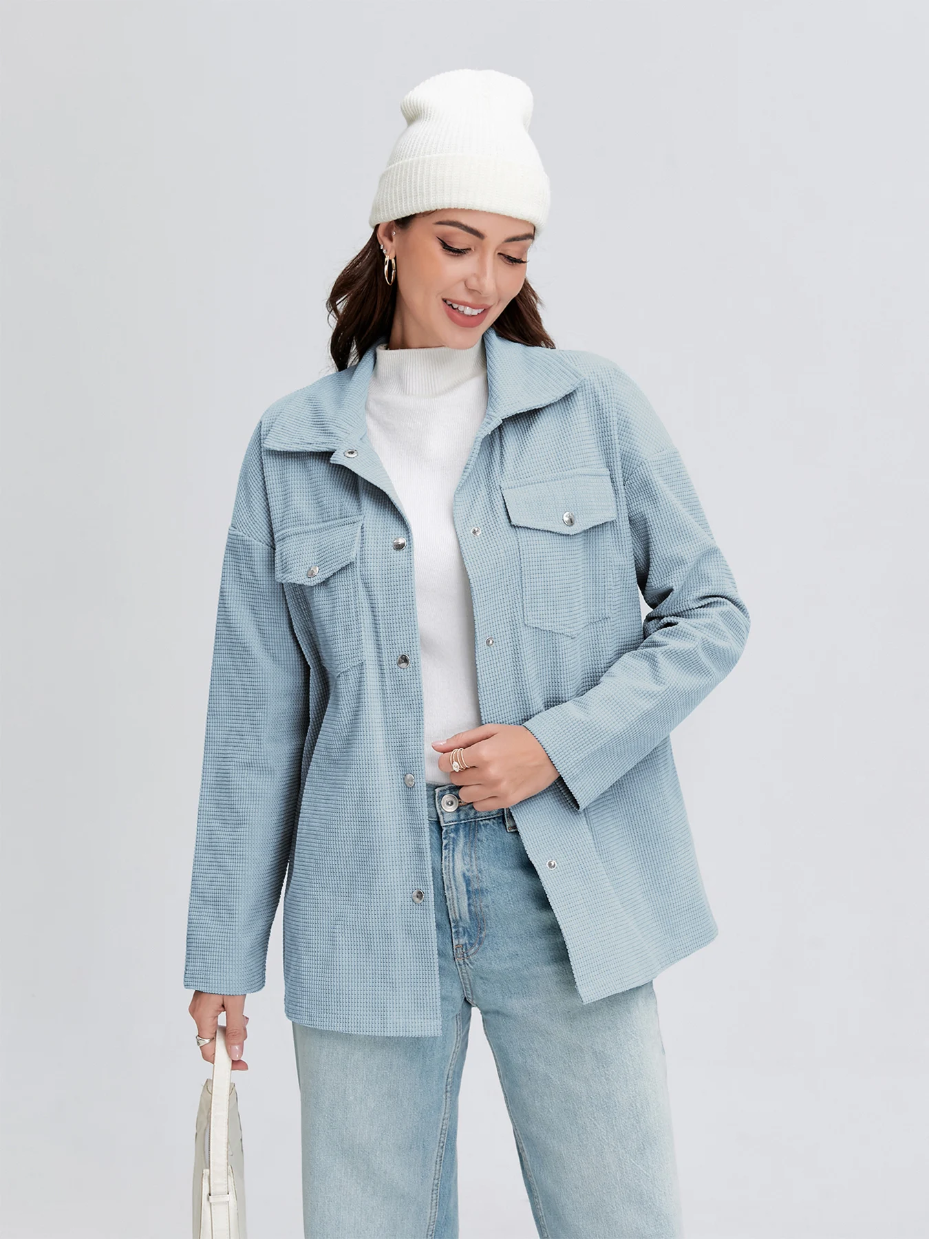 سترة نسائية قصيرة ذات لون نقي وياقة على شكل طية صدر وجيوب للخريف والشتاء، سترة أنيقة للارتداء اليومي في الهواء الطلق #6