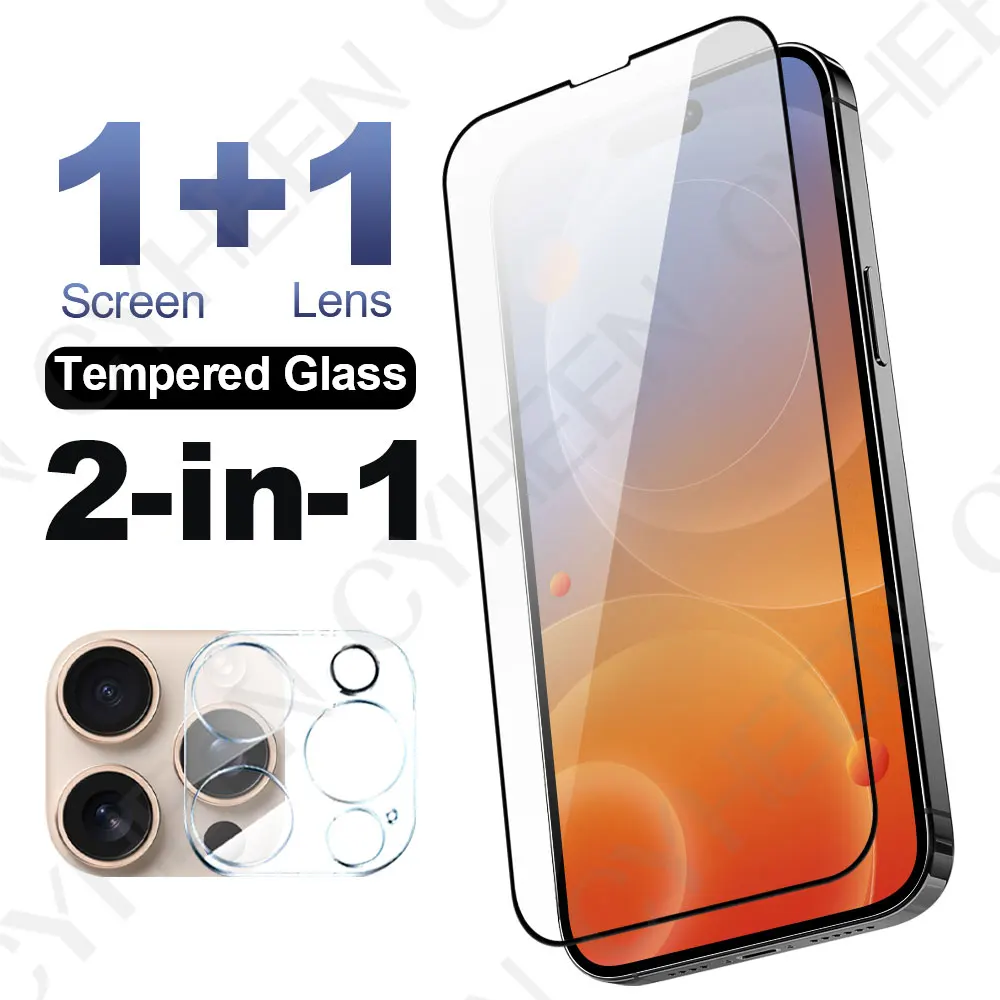 2in1 tempered glass smartphone protective film For iPhone 16 15 14 Plus Full Cover Camera Lens Phone Screen Protector 13 12 11