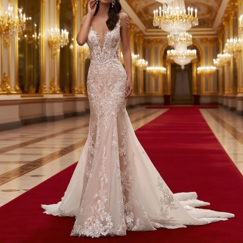 

Luxury Sequin Lace Wedding Gowns Pearls Scoop Neck Applique Sweep Train Open Back Champagne Mermaid Bridal Gown for Bride Custom