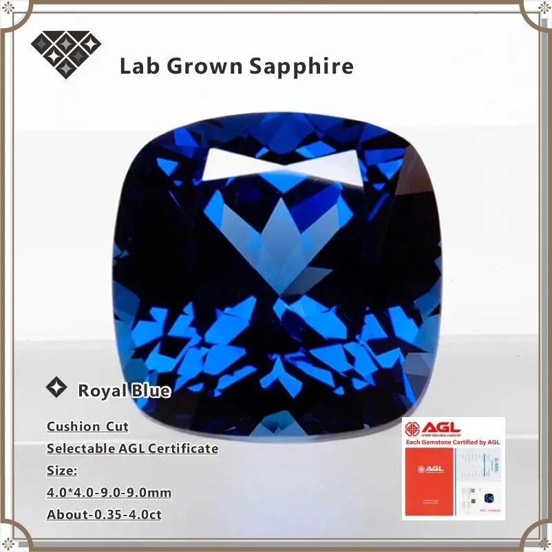 

High-Quality Lab Grown Royal Blue Sapphire, Cushion Cut AAA+ Clarity Gems with AGL Certificate for Jewelry Custom Craft & Design