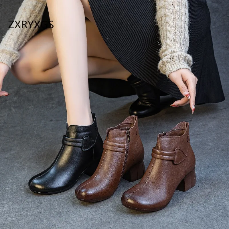 

ZXRYXGS элегантные модные осенне-зимние ботинки из воловьей кожи, обувь из натуральной кожи, банкетные ботинки на толстом среднем каблуке, женские ботинки, новинка 2025 г.